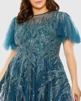 Blue High Neck Flutter Sleeve Embellished A Line Dress (Plus)
